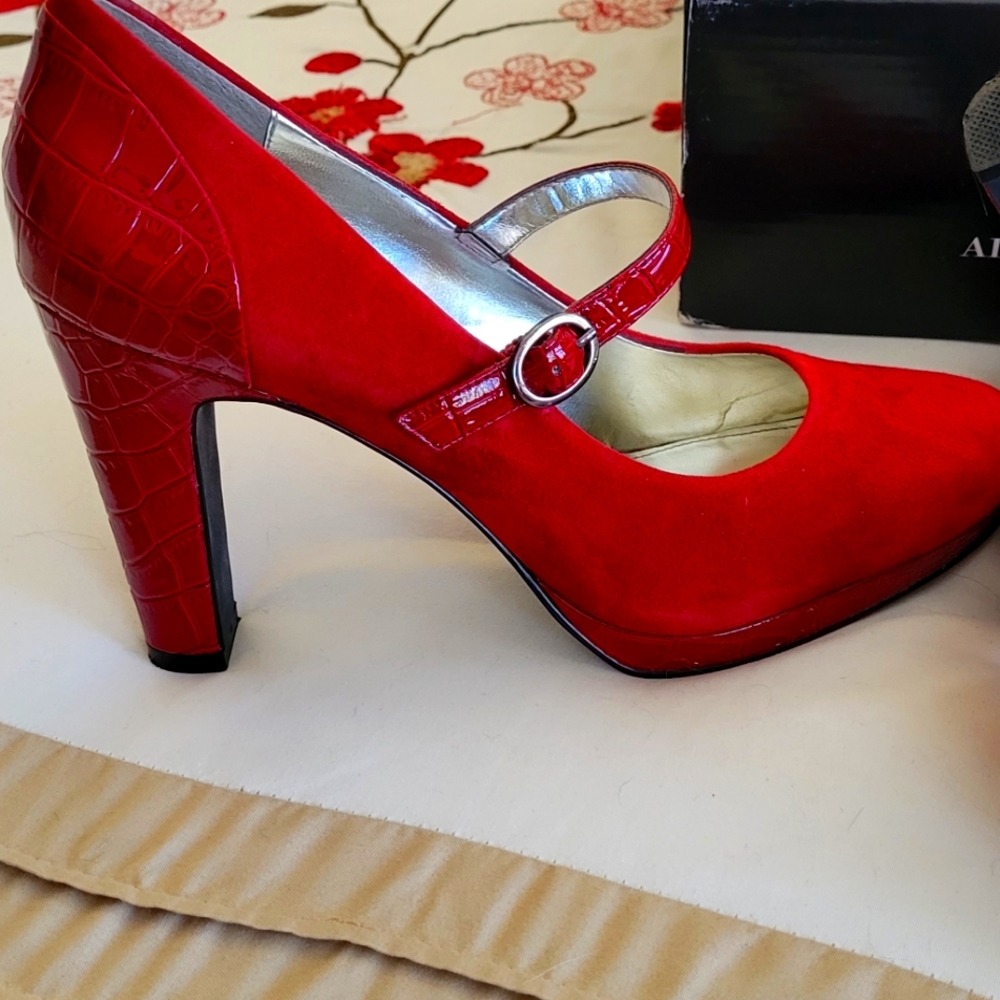 Alfani Ruby red color heels.  Suede and snakeskin Patton leather.